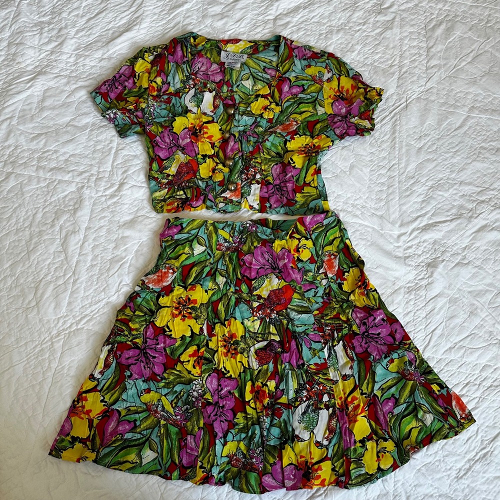 JDB of California Vintage 90s Tropical Bird Floral 2 Piece Set Crop Top Skirt M